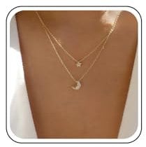 Inilbran Boho layered Moon Star Necklace Vintage Moon Pendant Necklace Gold Crystal Star Moon Necklace Celestial Moon Crescent Choker Necklace Jewelry for Women and Girls