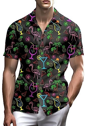 PmseK Herren 80er-Jahre Hawaii-Hemden, V-Neck, Kurzarm, Neon Disco, M