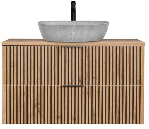 Lomadox Waschtisch Schwarze Rillen Badezimmer Unterschrank 100 cm Waschbecken Keramik Beton Optik anthrazit Eiche Nb. B/H/T 100,6/72,7/46,5 cm