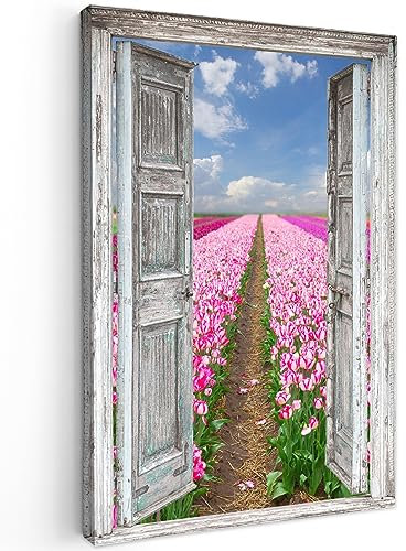 MuchoWow© Leinwand 40x60 cm Deko Schlafzimmer Aesthetic Leinwandbilder Wohnzimmer Gemälde Foto Geschenk Living Room Decoration Blumen - Tulpen - Fensterblick - Regenbogen