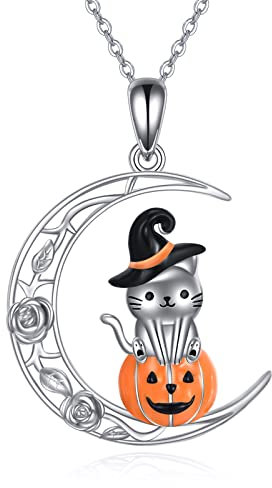 Katzen Kürbis Halskette aus Sterlingsilber Halloween Schmuck Katze auf Mond Halskette Katzengeschenke für Damen Geschenke für Katzenliebhaber