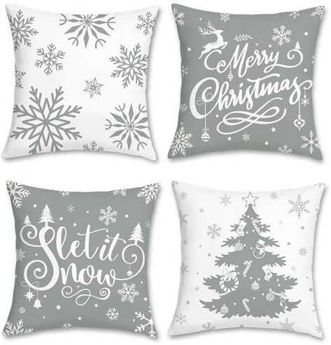 Bonhause 4er Set Kissenbezüge Weihnachten Graue und Weiße 45 x 45 cm Grau Winter Schneeflocke Xmas Samt Soft Dekorative Kissenhülle Zierkissenbezüge für Sofa Feiertag Xmas Dekoration
