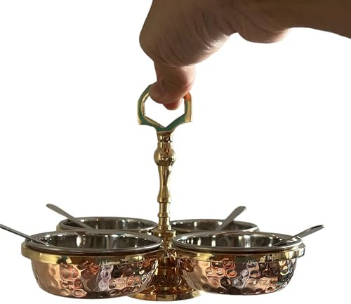 Copper Chutney Tray Gold Handle Server 4 Pot Relish Pickle Condiment 9 pcs Set Indian Restaurant Serving Sauce Dips Thali Tableware