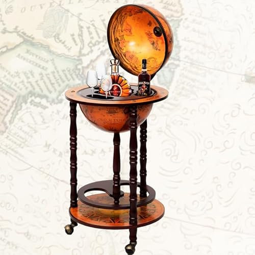 OFFICEJOY Movable Globe Bar, Wood Wine Storage Cart with Mid-Century Retro Nautical Map, 3 Wheels & Bottom Rack, 16th Century Italian Replica Liquor Cabinet Stand Cart for Home Office Bar Pub (Brown)
