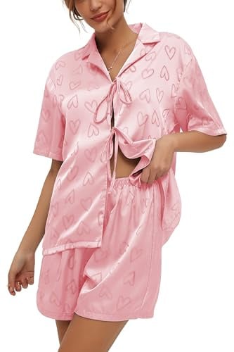 CHYRII Conjunto de Pijama de satén de Seda para Mujer, con Lazo Frontal, Manga Corta y Pantalones Cortos, Conjunto de Pijama de Dos Piezas, Rosado (Love), S