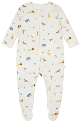 MORI Unisex Sleepsuit Safari Print Organic Cotton Bamboo Two-Way Zip Footed Nightwear Breathable Lightweight for Infants 3-6 Months Comfortable Durable Pyjama for Boys and Girls
