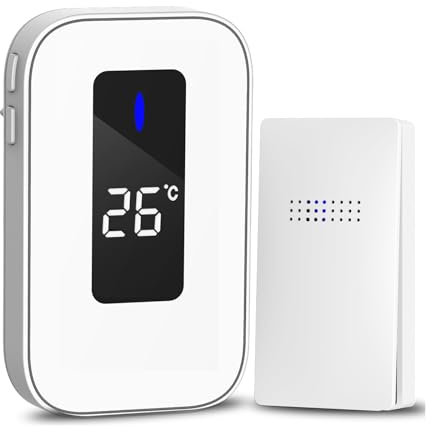 Sonnette sans Fil,Carillon sans Fil sans Pile, Bouton Sonnette Auto-Alimenté Kit Carillon Électronique Affichage de la température avec 38 sonneries, 4 Mode Volume pour Maison, Bureau (Blanc, 1+1)