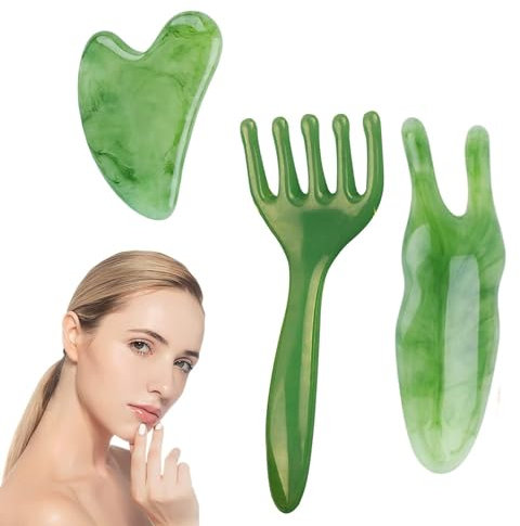 PLATEYTR 3 Pièces Gua Sha Kit, Gua Sha Visage, Masseur Visage, Massage Visage Anti Age Outils, Guasha La pierre, pour Visage et Corps, Ventouse Visage Complet pour Massage et Relaxation