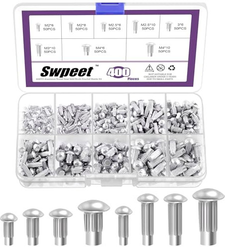 Swpeet 400 piezas de remaches de aluminio semicirculares sólidos remaches surtidos, M2 M2.5 M3 M4 × 6 mm 8 mm 10 mm, para reparación de barcos, aviones