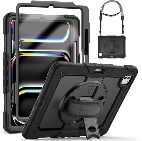 SEYMCY Case for iPad Pro 13 inch 2024 (M4), Full-body Shockproof with Screen Protector, 360° Rotating Stand & Hand Strap, Shoulder Strap, Pencil Holder for A2925 / A2926 / A3007, Black