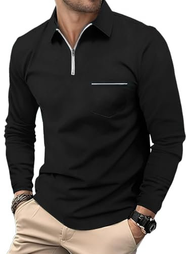 HMIYA Herren Poloshirt-Langarm Poloshirt aus Baumwolle Atmungsaktiv Casual T-Shirt mit Tasche,Schwarz,XL