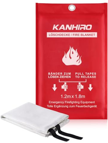 Löschdecke Küche Feuerlöschdecke - kanhiro 1.2m x 1.8m Glasfaser Brandschutzdecke DIN EN 1869:2019 Retardant Decken für versehentliches Sicherheitsdesign für Küche, Kamin, Grill, Auto, Camping