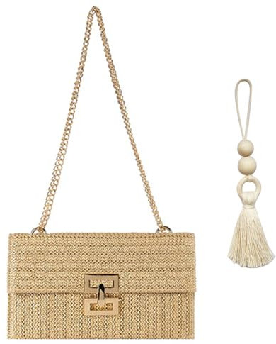 HSAJS Damen Stroh Clutch Quadratische Handtasche Gewebt Umschlag Tasche Dinner Schultertasche Kupplung mit Metallkette für Hochzeitsfeier Urlaub Party mit Quasten-Perlen aus Holz