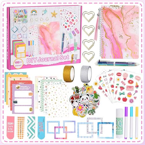ROEOWENE 153 PCS Scrapbook Zubehör DIY Scrapbook Set Junk Journal Kit Sticker Scrapbooking Zubehör Sticker Aesthetic A5 Notizbuch Bastelset Tagebuch Weihnachten Kreative Geschenke für Teenager-Rosa