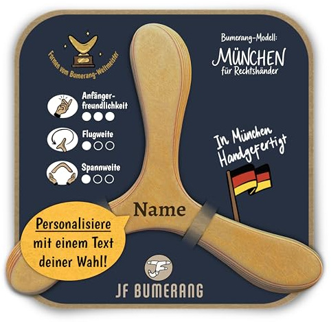 Bumerang München | PERSONALISIERBAR | Anfänger| Boomerang ab 8 J. | Handgefertigt in DE | Premium Holz mit 8 Schichten | Form vom Weltmeister | Rechtshänder