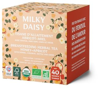 Milky Daisy - Tisane Allaitement Bio Abricot-Miel, Fenouil, Anis, Carvi, Ortie - 40 Infusettes Compostables, Fabriquée en France