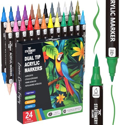 STATIONERY ISLAND Acrylic Paint Pens 24 Colours Paint Markers Dual tip Acrylic Markers for Rock Painting Stone Glass Ceramic Wood Metal Fabric Fine & Brush Tip Water Based Acrylic Pens