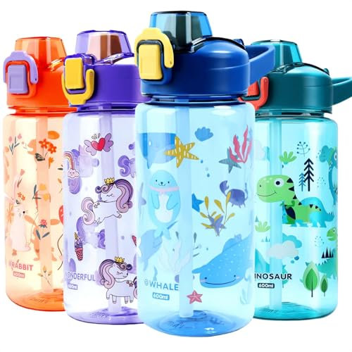 MHwan Gourde Enfant, 600ml Robuste et Incassable, Gourde Enfant Anti Fuite avec Paille, Sans BPA, Portable Belle Gourde Fille et Garcon Adaptée aux Voyages Scolaires
