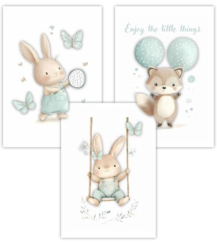 Lumiloup Kinderzimmer Wandbilder, Waldtiere, 3er Set Din A4 (21x30cm), Süße Fuchs und Hase, Mint und Beige, Aquarell Kunst, Babyzimmer Deko, Kinderzimmer Deko, für Mädchen, OHNE RAHMEN (Din A4)