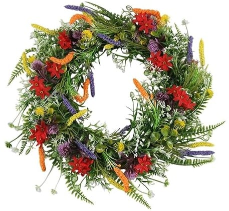 Kopinma Spring Wreaths for Front Door - Weatherproof 18in Floral Garland with Lavender & Daisy, Seasons