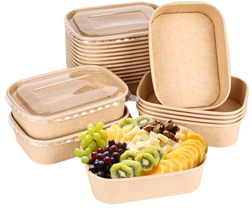 YHNDECO Lot de 25 bols jetables en papier kraft de 500 ml avec couvercle, boîte en papier à emporter, résistant à l'eau et à l'huile, saladiers pour le travail, les collations, les soupes