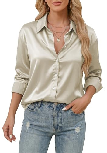 Stamain Chemisier Femme Satin Manches Longues col en V élégant Haut décontracté en Soie uni pour Le travai Affaires Les fêtes