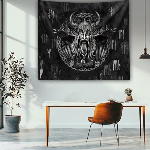 Arsey Wandteppich – Wikinger Deko mit Odin und Raben, Runen Wandtuch, Ideal für Nordische Mythologie und Viking-Liebhaber, Tapestry Wandbehang 150 x 130, Schwarz