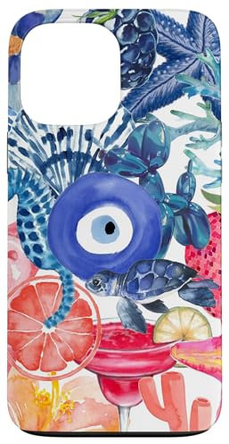 European Summer Preppy Collage Turtle And Evil Eyes Case for iPhone 13 Pro Max