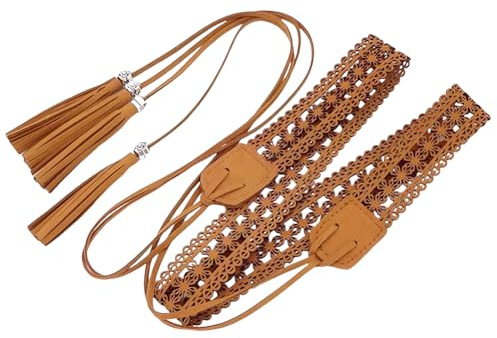 CALFOVERA Cintura con Nappa Bohémien 169 x 2.85cm in Pelle PU Vintage Intrecciata Cintura Annodata Boho con Corda Cerata Cintura in macramè Etnica Occidentale per Gonna da Donna (Marrone Sella)