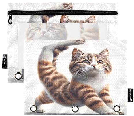 RPLIFE Federmäppchen für 3-Ring-Ordner, 2 dünne Stoffbeutel mit Reißverschluss, Schulbedarf, 24,9 x 17,8 cm (Einheitsgröße), niedliche Yoga-Katze