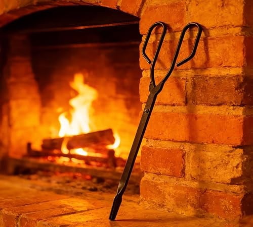 Kingson Vintage Fireplace Coal & Log Tongs – 43cm Black Iron Flat-Jaw Fire Tongs for Handling Coal & Kindling – Antique Scissor Grabber for Open Fires & Wood Burners