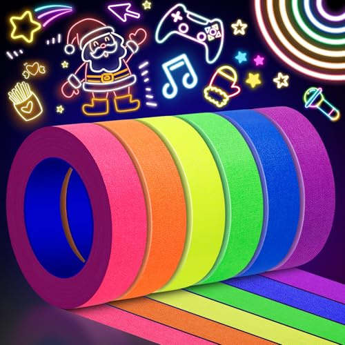 6 Rollos Cinta UV Fluorescente 15mm x 12m Fiesta Marcación Sin Residuos | Cinta fluorescente para fiestas de luz negra y marcaciones. 6 colores neón, fácil de retirar, se activa con luz UV.