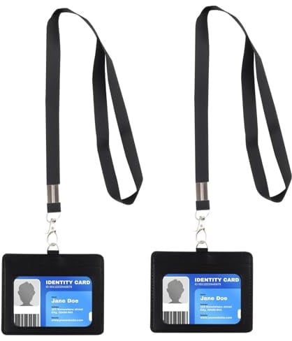 2 PCS Porte Badge Cuir PU avec Fenêtre Transparente, Porte Carte Tour de Cou Rigide, Tour de Cou Badge Sécurisé pour Infirmière, Police, Employés, Étudiants et Professionnels