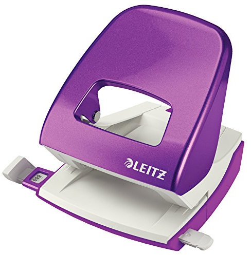 Leitz Büro Locher aus Metall, Für 30 Blatt, Anschlagschiene mit Formatvorgaben, Ergonomisches Design, violett, WOW-Serie, 50081062