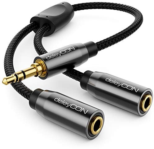 deleyCON 0,2m Trinquetes de Audio Cable Divisor en Y - AUX Abrigo de Nylon - Enchufe de 3,5mm en Enchufe 2X 3,5mm