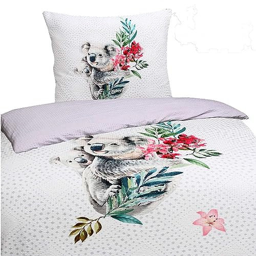 Bettwäsche Seersucker Mikrofaser Wendebettwäsche Koala weiß 135x200 80x80 Farbe Weiß, Set 2 TLG