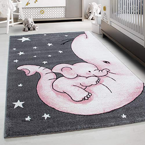 Teppium Kinderteppich für Jungen und Mädchen Elefant Muster 120 cm Rund Pink - Kurzflor Waschbarer Teppich Extra Weich und Antiallergen - Teppich für Kinderzimmer, Babyzimmer und Spielzimmer
