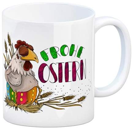 trendaffe Frohe Ostern Kaffeebecher mit Huhn und Osterei Motiv Hühner Hahn Henne Frühstück