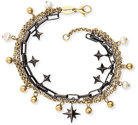 Engelsrufer Damen Armband Boho aus schwarzem und vergoldetem Edelstahl mit Sterne und Perlen Anhänger - in zwei Längen verstellbar - nickelfrei