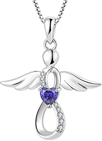 FJ Damen Schutzengel Halskette Anhänger 925 Sterling Silber Infinity Unendlichkeit Kette Tansanit Dezember Geburtsstein Halskette Engel Schmuck Geschenke für Frauen Mädchen