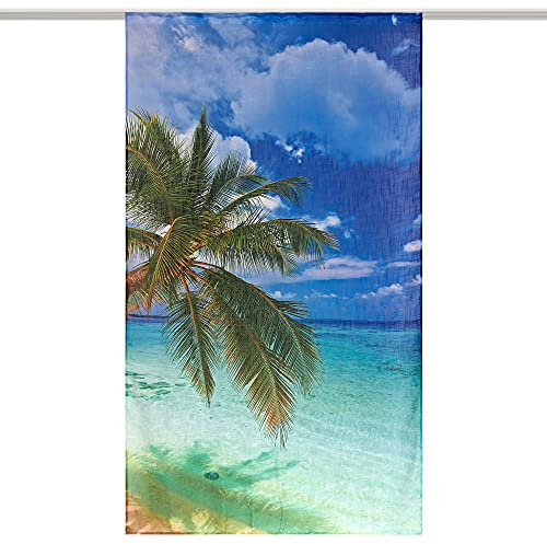 La-Melle. print your style. Lichtdurchlässige Gardine in Leinen-Optik - Motiv Palme - B 140 cm - L 245 cm - Kräuselband - 1-teiliger Vorhang aus transparentem Stoff mit 12 Haken für Schiene