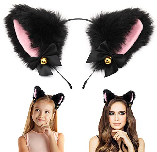 PROUSKY Cat Ear Headband with Bells, Soft Imitation Rabbit Hair Cosplay Headbands, Fashionable Ears Accessories for Girls and Women, Ideal Costume Party, Daily Decor (Black), 25 x 10 1 cm