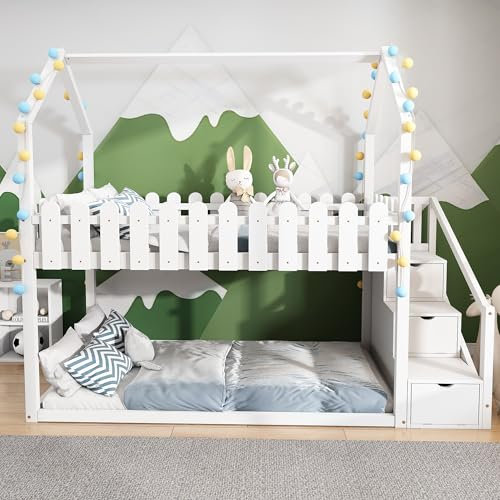 LTGB Hochbett mit Treppe & Schubladen, Etagenbett Stockbett für 2 Kinder mit Rausfallschutz und Lattenrost, Massivholz Kinderbett, Jugendbett, Doppelbett Hausbett, 90x200, weiß