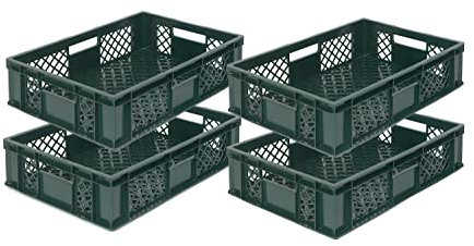 DIE BOX FABRIK 4er SET Bäckerkisten 600x400x150mm, Bäckerkiste, Brotkiste, Brotkörbe, Brötchenkiste, Aufbewahrungsbox offen, 60x40x15cm, Stapelbehälter, Eurobehälter, Stapelkisten (Grün)