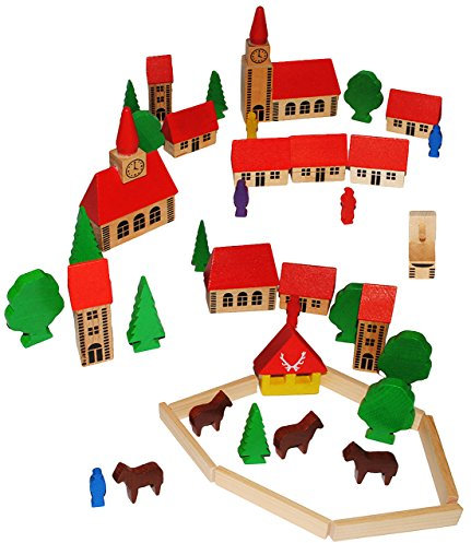 alles-meine.de GmbH 42 TLG. Set: buntes Dorf mit Häuser, Kirche & Bäume, Figuren und Bausteine - aus Holz - Baukasten - Original Erzgebirge - ideal für Holzeisenbahn Gebäude Zube..