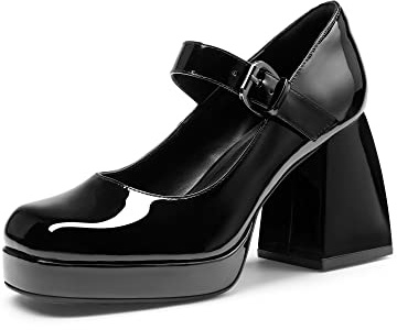 DREAM PAIRS Women's High Chunky Platform Closed Toe Mary Jane Block Heels Square Toe Strappy Dress Wedding Party Pumps Shoes,Size 6,Black-Pat,SDPU2331W