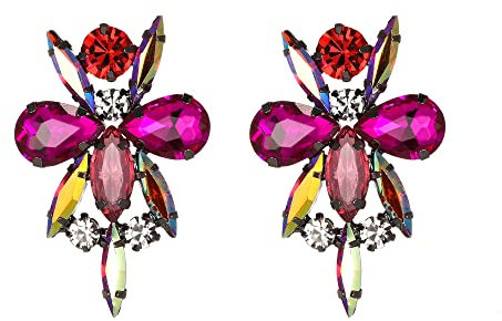 EVER FAITH Pendientes para disfraz con flores y cristales de estrás, vintage, art deco, para mujer y niña, color fucsia, Cristal