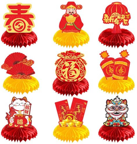 Bekecidi 9 Pièces Centre de Table du Nouvel an Chinois Fête du Printemps Pièce Maîtresse en Nid d'abeille 2024 Décorations de Table de Fête du Nouvel an pour La Décoration de la Cuisine à La Maison