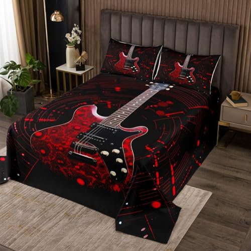 Homemissing Juego de ropa de cama de guitarra roja, tamaño individual, juego de colcha para niños y niñas, juego de colcha de música rock, funda de cama de tinta salpicada, 2 piezas