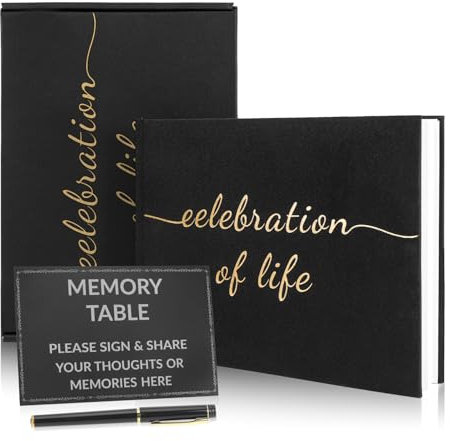 Funeral Memory Book, Condolence Book with Table Sign, Pen and Box, Elegant Black Memorial Guest Book for Celebration of Life, Cloth Cover Memorial Book for A Funeral Wake, Remembrance Book 10.3x7.9